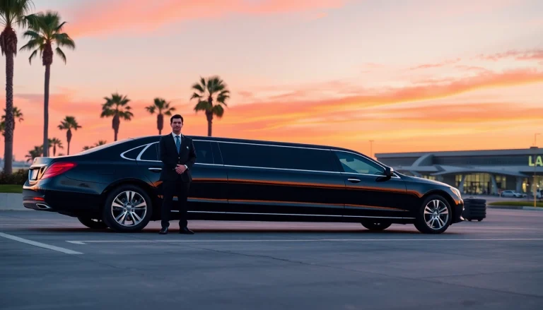 Luxury LA Limo parked outside LAX with a professional chauffeur at sunset.
