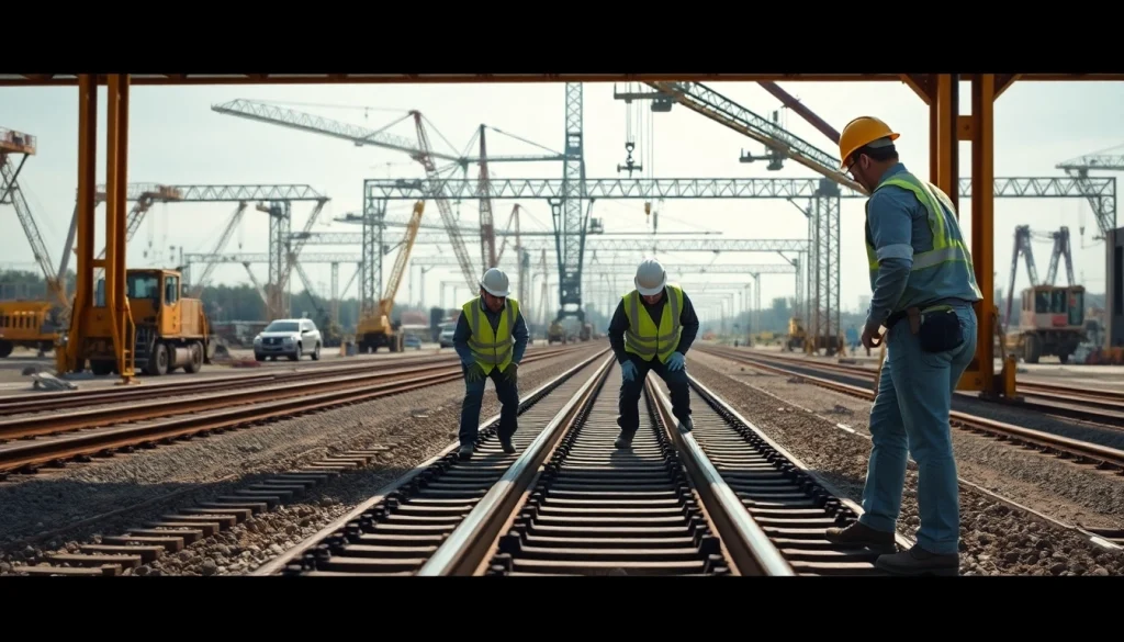 Railroad Track Construction Company workers diligently installing tracks in a railway yard.