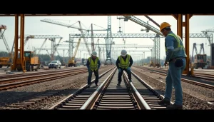 Railroad Track Construction Company workers diligently installing tracks in a railway yard.