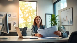 Profesjonalny księgowy w Biurze Rachunkowym przeglądający dokumenty z klientem w nowoczesnym biurze.