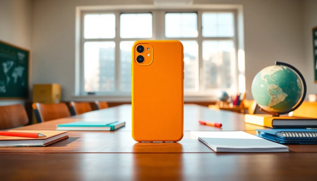 Präsentation der Handytasche Klassenzimmer auf einem Schreibtisch mit Schulmaterialien