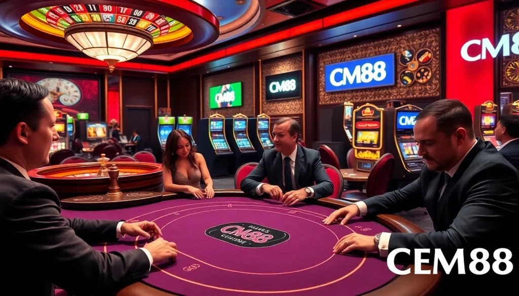 Experience the thrill of gambling at CM88 with vibrant poker and roulette scenes.