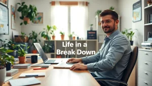 Engaging scene of Life in a Break Down featured on a laptop screen in a cozy home office.