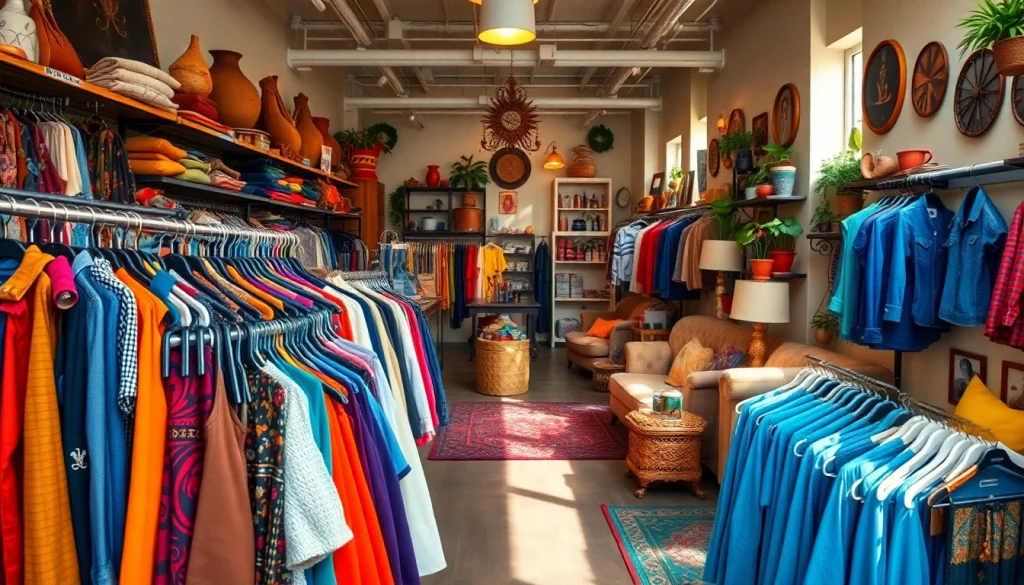 Engaging second hand shop showcasing diverse vintage clothing in a warm and inviting setting.