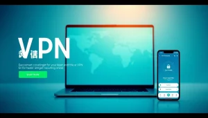 快连下载 VPN 应用界面在笔记本电脑与智能手机上显示，象征全球互联与安全。