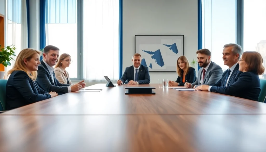 Engaged investors discussing Luxembourg holding opportunities in a modern conference room.