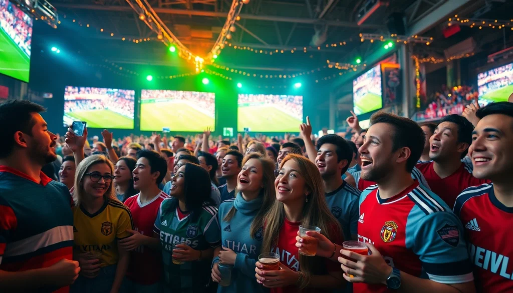 Excited fans watching live football matches at https://socolive.gold/ during a vibrant public viewing event.