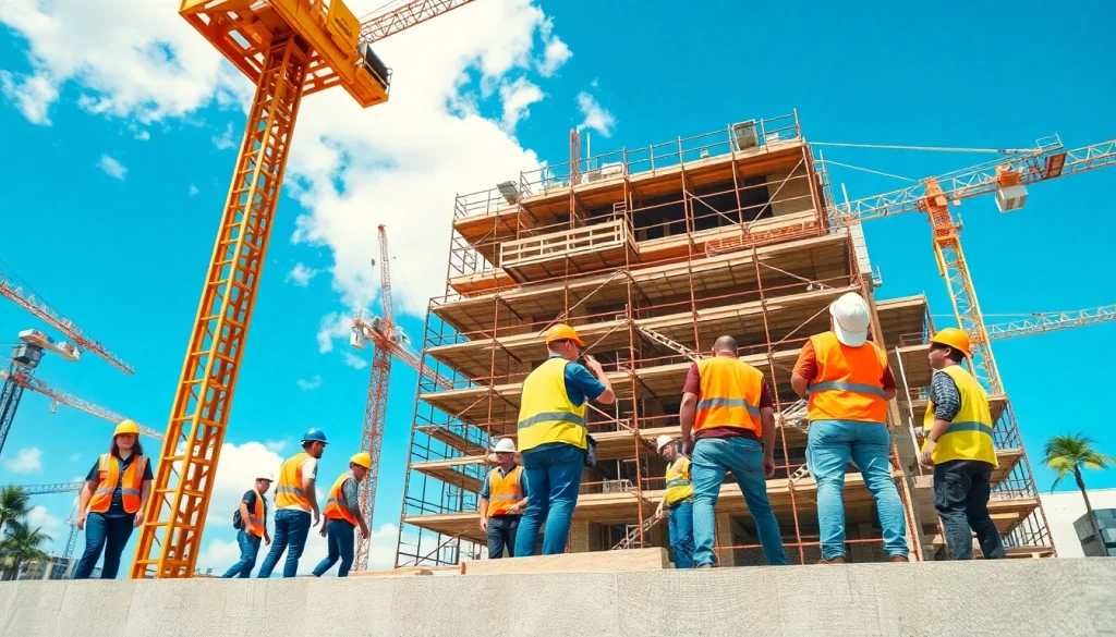 Captivating scene of Hawaii construction news with a diverse team building a high-rise.
