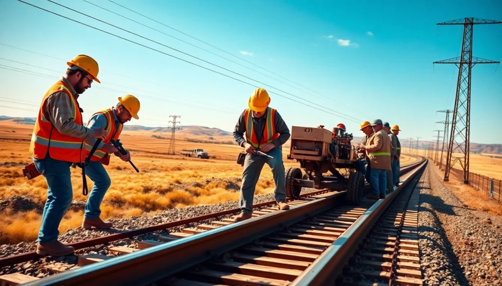 Great plains rail contractors collaborating on railway construction, showcasing teamwork and precision.