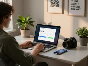 快连下载应用界面在现代家居办公室设置的笔记本电脑上，展示生产力。