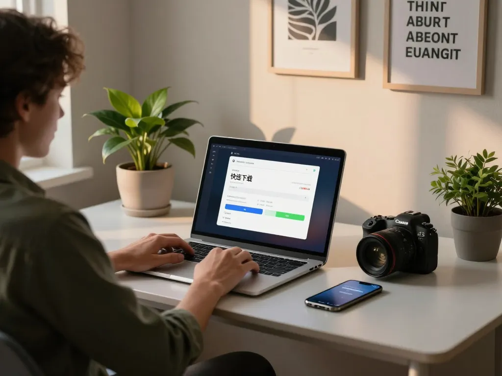快连下载应用界面在现代家居办公室设置的笔记本电脑上，展示生产力。