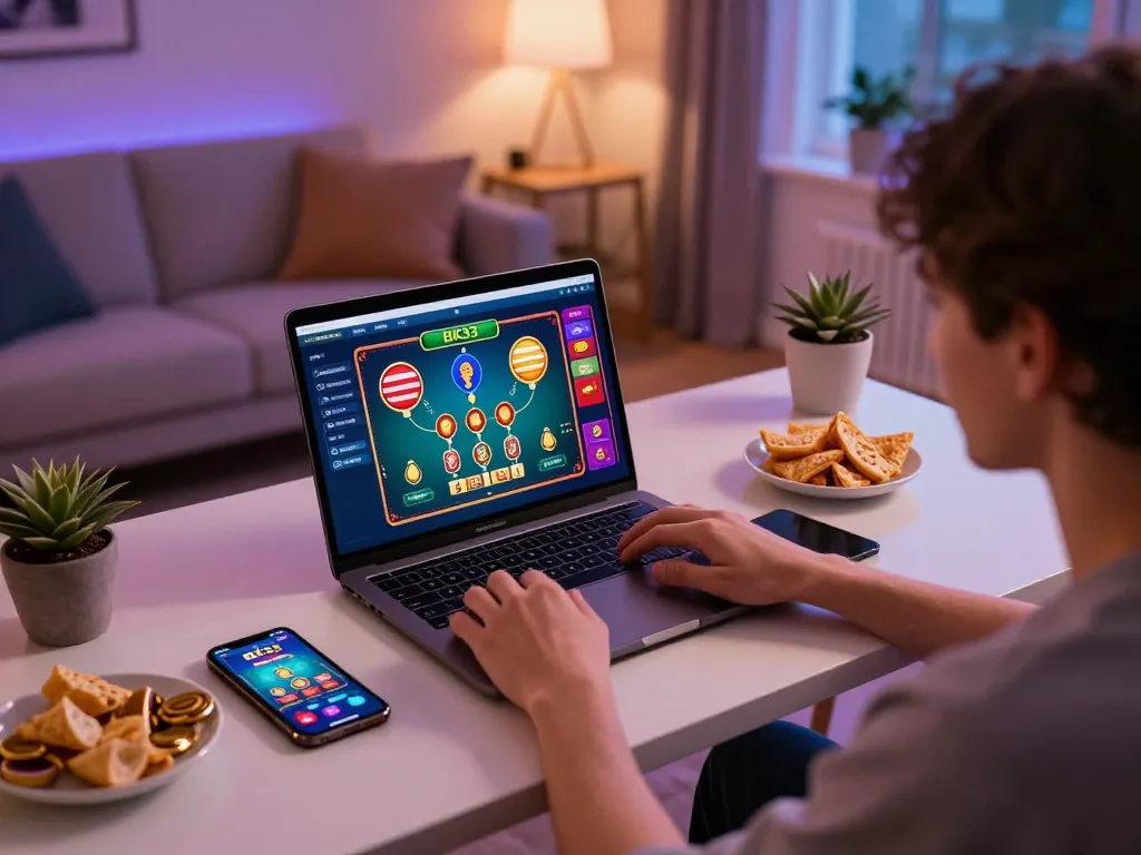 Person engaging with BK33 online gaming platform on a laptop in a cozy home setting.