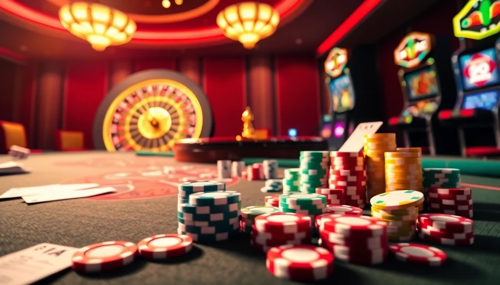 Join the thrilling action at https://tr88.work/ with a vibrant casino table showcasing colorful chips and cards.