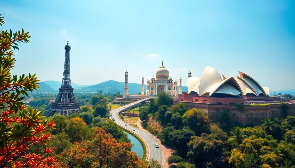 Round the world destinations illustrated through iconic landmarks and vivid landscapes.