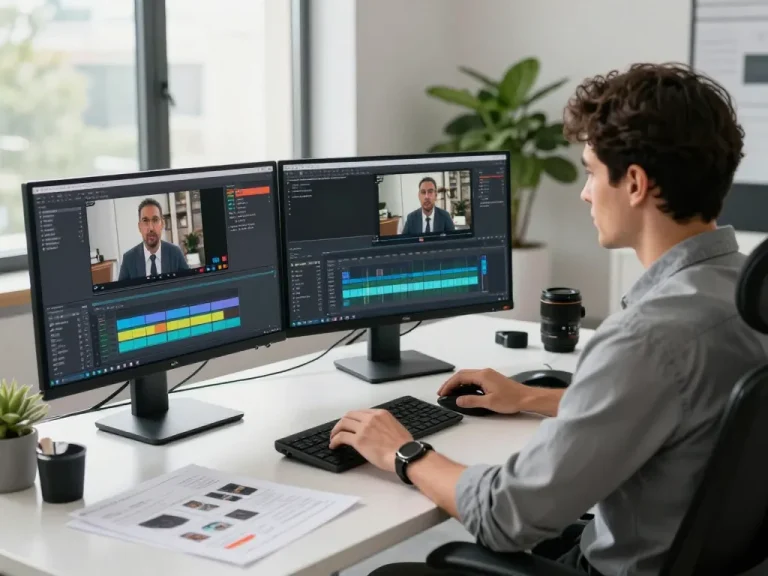 Analyzing video to prompt in a modern office workspace with vibrant video displays and creative elements.