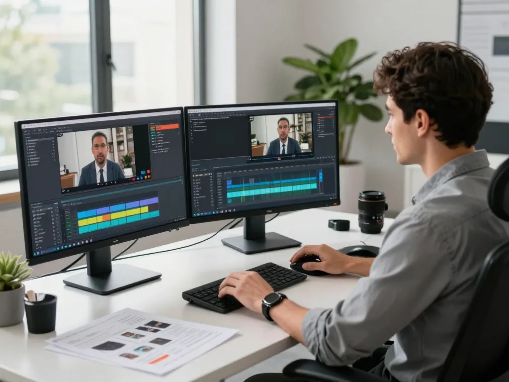Analyzing video to prompt in a modern office workspace with vibrant video displays and creative elements.