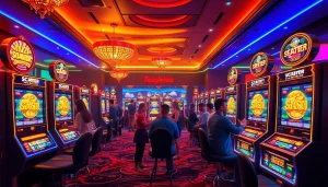 Engaged players cheering while winning on slot scatter hitam machines in a glamorous casino setting