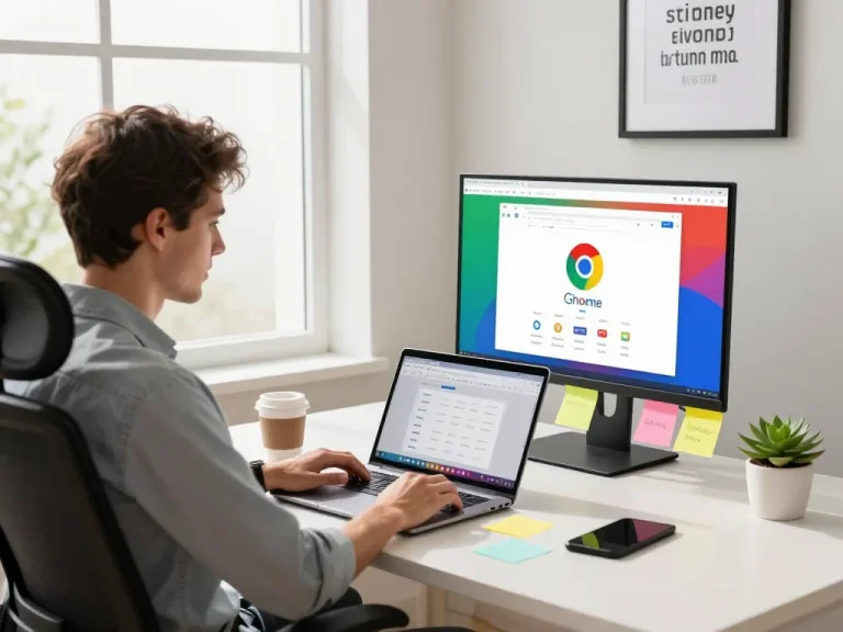 Engaging workspace with a user enthusiastically downloading 谷歌浏览器, highlighting tech features and organization in a bright home office.