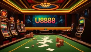 U888 online casino table with vibrant slots, chips, cards, and an engaging betting atmosphere.