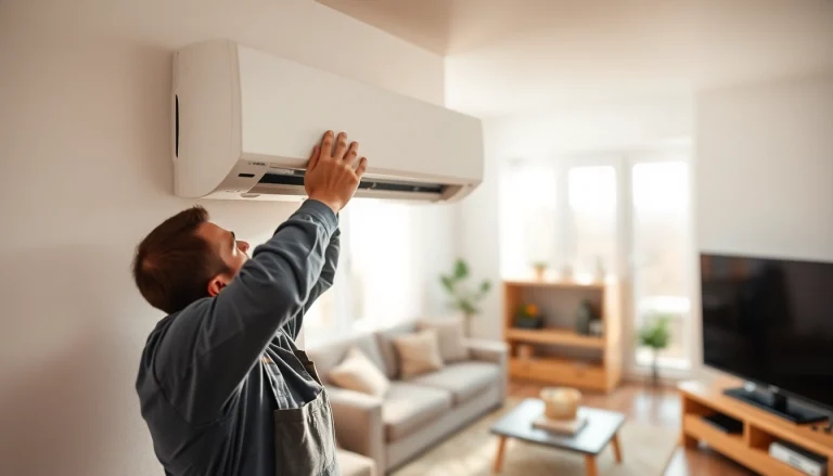 Technician executing ductless mini-split installation in a bright living room.