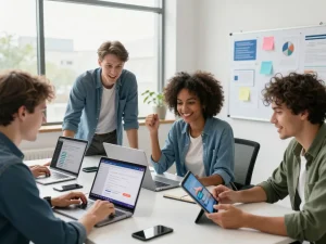 Dynamic team creating websites with AI no code developer tools in a modern workspace