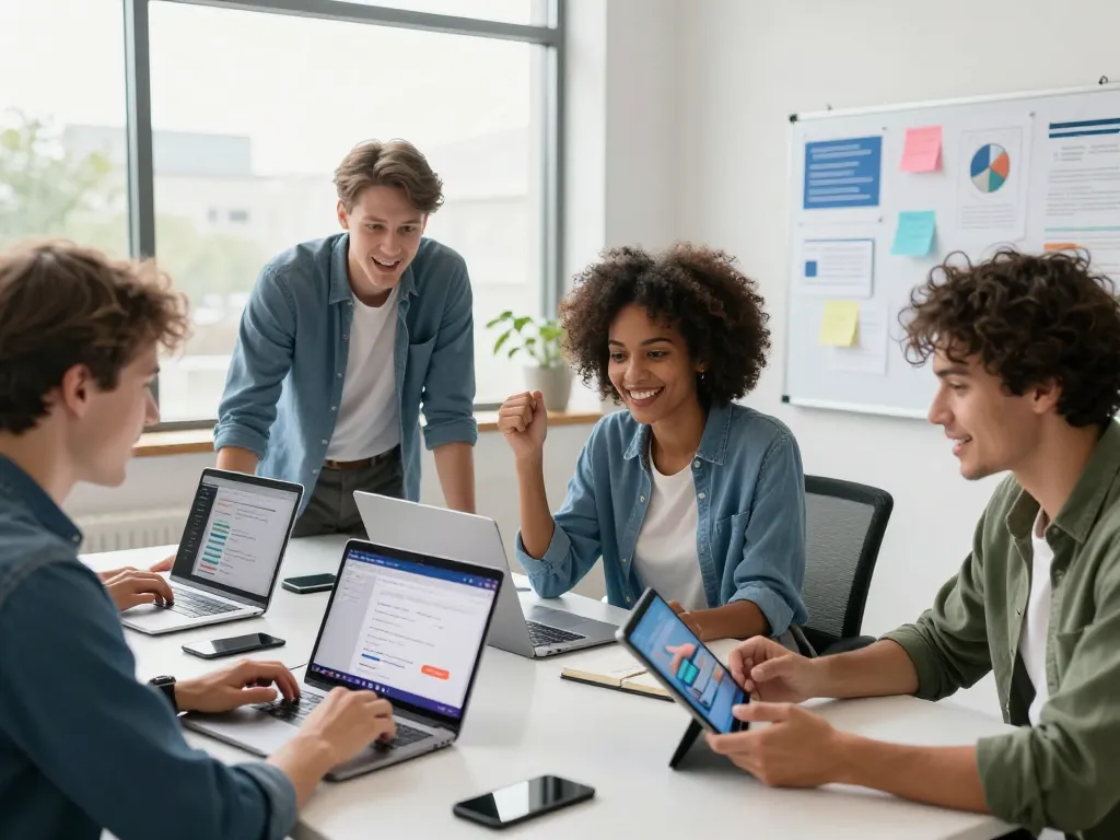 Dynamic team creating websites with AI no code developer tools in a modern workspace