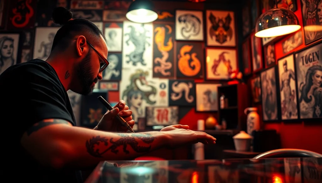 Intricate tattoo creation at https://89bet.tattoo/ in a vibrant parlor.