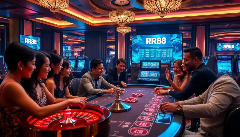 Players engaging at RR88 casino tables, enjoying the thrill of gambling with vibrant slot machines.