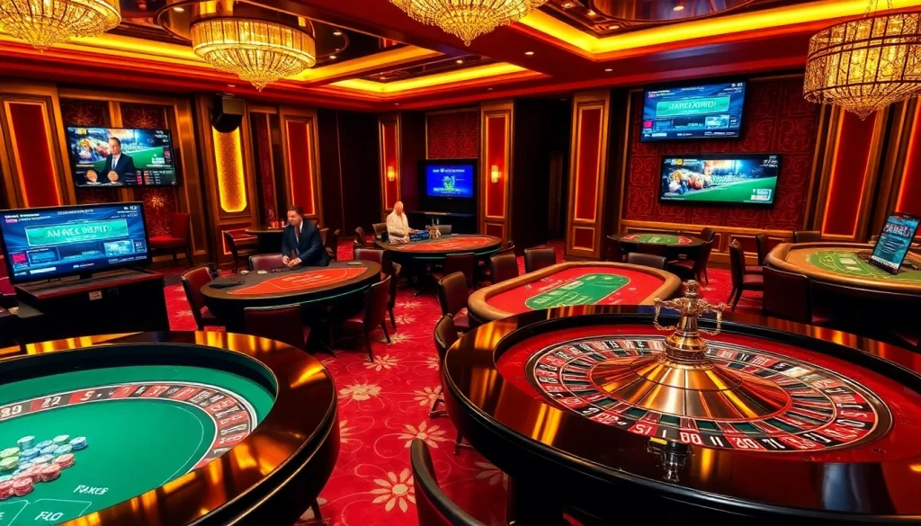 A thrilling gaming experience at a reliable gambling platform highlighting Nhà cái uy tín with roulette, poker, and casino tables.