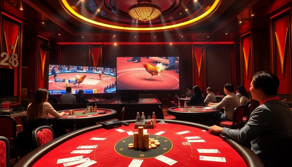 Engaging action of đá gà thomo trực tiếp at a glamorous casino, showcasing live matches and excitement.