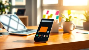 Smartfon Android na biurku w jasnym domowym biurze z kolorowymi notatkami i laptopem.