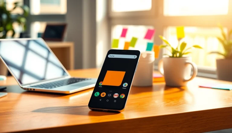 Smartfon Android na biurku w jasnym domowym biurze z kolorowymi notatkami i laptopem.