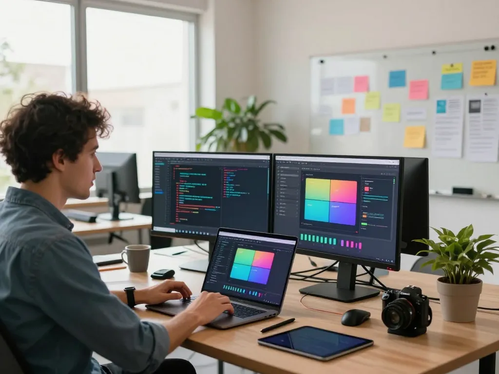 Developer using an AI no code website developer tool in a modern tech workspace with multiple screens and collaborative notes.