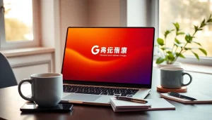 快连下载应用界面在现代工作区的笔记本电脑上显示，象征着安全且快速的互联网连接。