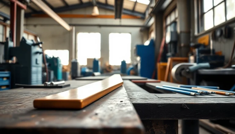 Bara bronz grafitat expusă pe un banc de lucru, punând accent pe textura sa netedă și pe cadrul industrial.