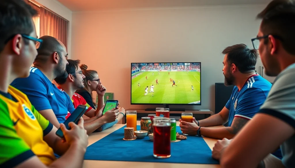 Excited fans enjoying live soccer via https://socolive.com.co/ on various devices, showcasing an engaging viewing atmosphere.