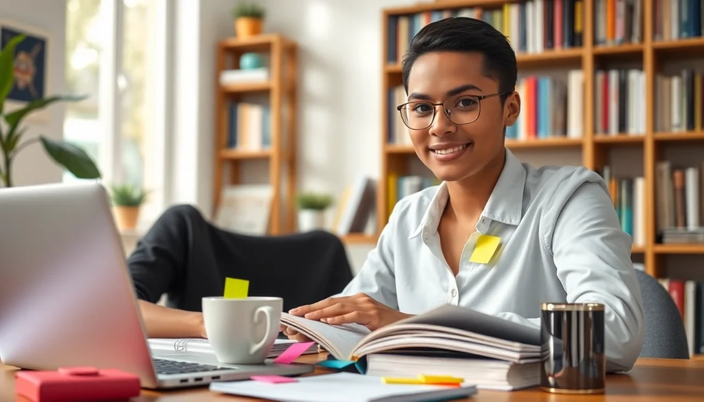 Engaged student using exam assistance with focused attention in a bright, organized study space.