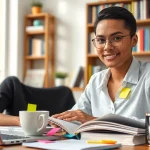 Engaged student using exam assistance with focused attention in a bright, organized study space.