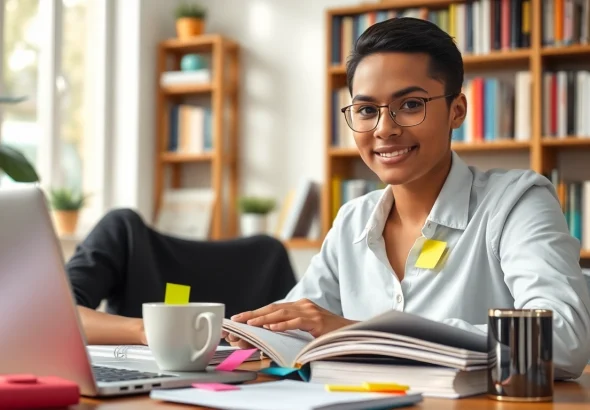 Engaged student using exam assistance with focused attention in a bright, organized study space.
