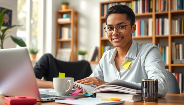 Engaged student using exam assistance with focused attention in a bright, organized study space.