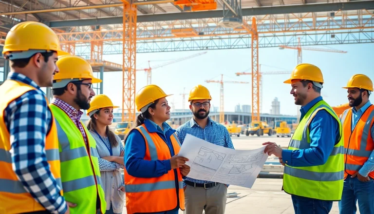 Construction association professionals collaboratively discussing project plans on-site.