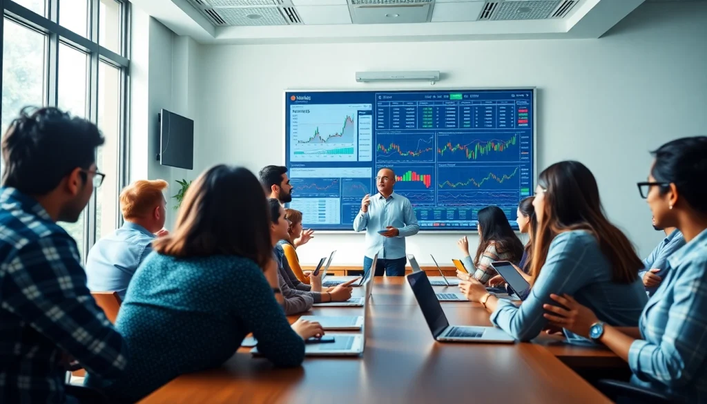 students learning at a stock market institute in Kerala with a professional instructor guiding them