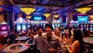 Players celebrating a big win at GG88 casino, showcasing vibrant slot machines and game tables.
