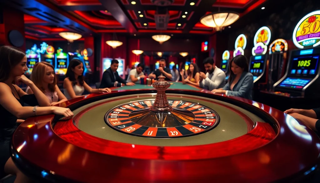 Players enjoying a thrilling game at the Okfun casino featuring roulette and vibrant slot machines.