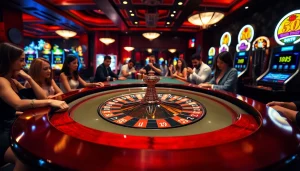 Players enjoying a thrilling game at the Okfun casino featuring roulette and vibrant slot machines.