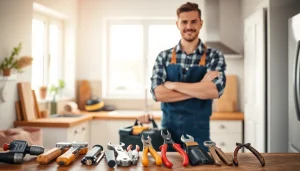 Handyman organizing tools in a beautifully renovated kitchen space.