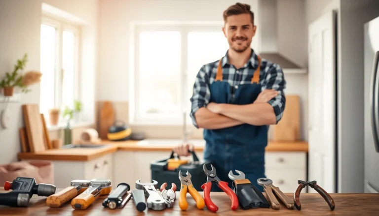 Handyman organizing tools in a beautifully renovated kitchen space.