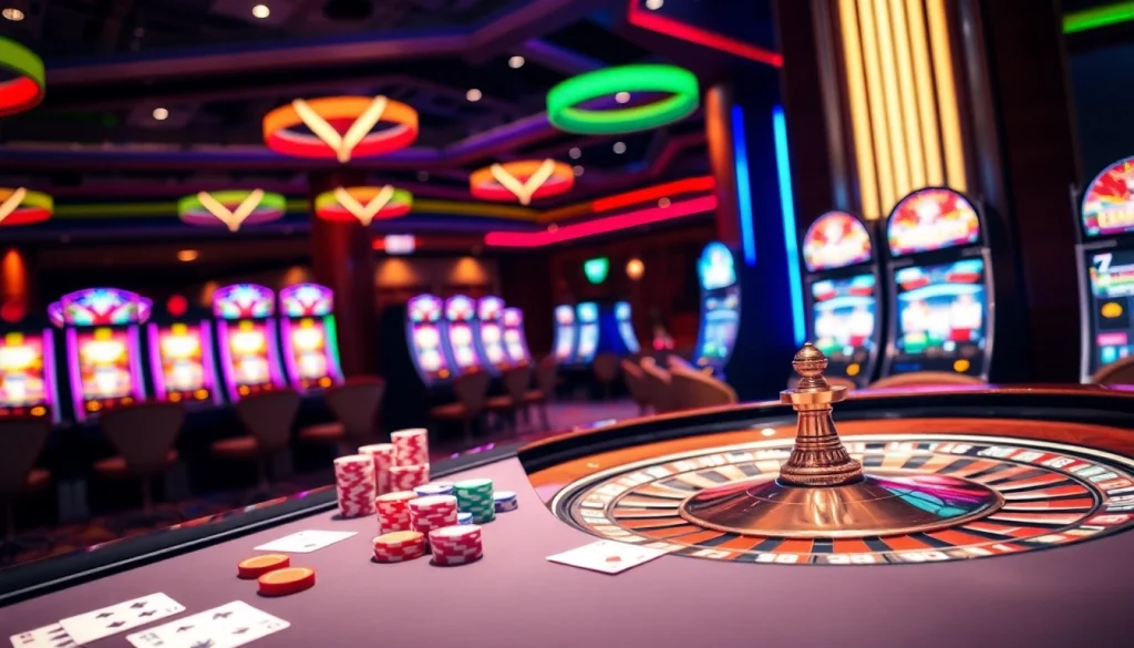 Toto919 gaming table filled with vibrant chips and cards at an upscale casino.