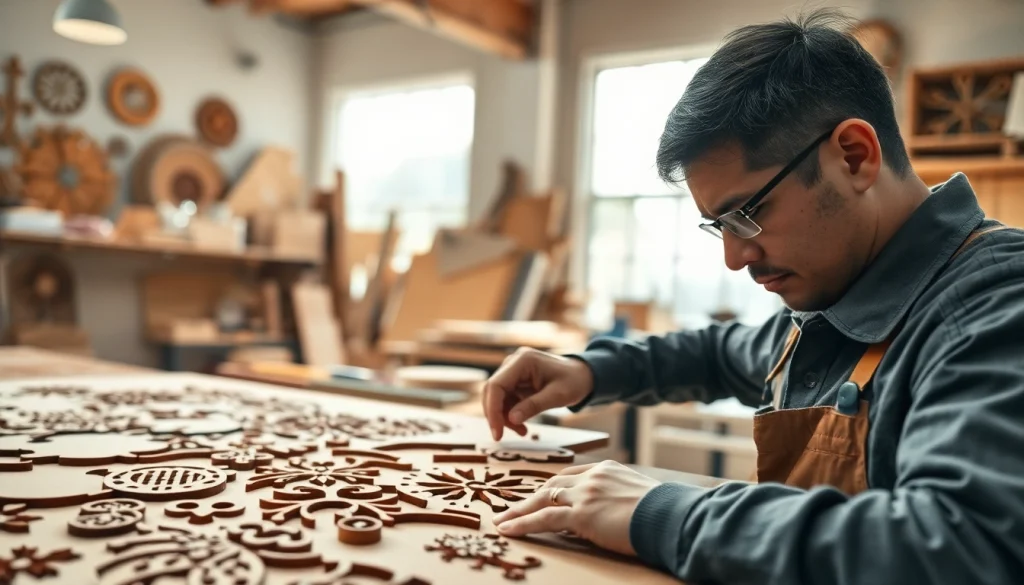 Crafting custom laser design with precision in a bright workshop setting.