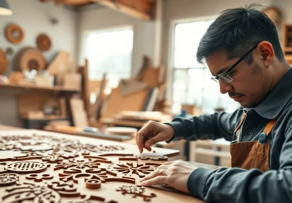 Crafting custom laser design with precision in a bright workshop setting.